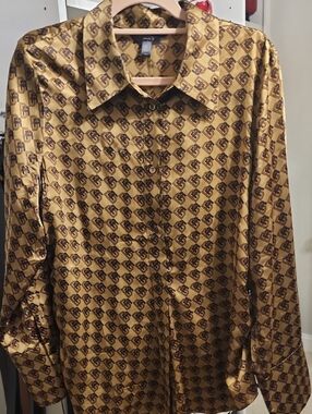 Banana Republic Gold Satin Geometric Button-Down Shirt